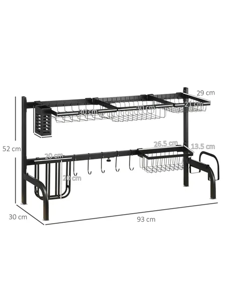 HOMCOM Space Saving 2 Tier Adjustable Dish Drainer Over The Sink Dish Drying Rack, Black