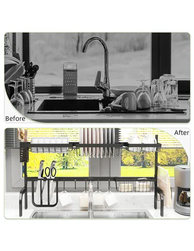 HOMCOM Space Saving 2 Tier Adjustable Dish Drainer Over The Sink Dish Drying Rack, Black