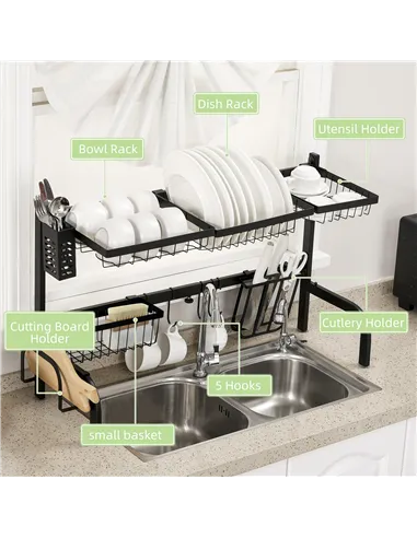 HOMCOM Space Saving 2 Tier Adjustable Dish Drainer Over The Sink Dish Drying Rack, Black