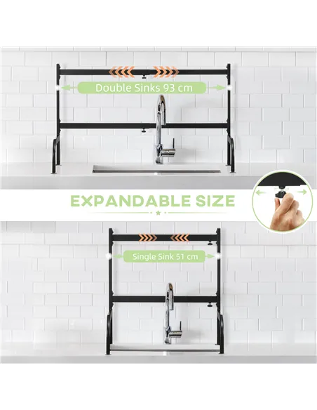 HOMCOM Space Saving 2 Tier Adjustable Dish Drainer Over The Sink Dish Drying Rack, Black