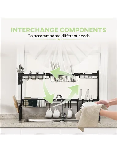 HOMCOM Space Saving 2 Tier Adjustable Dish Drainer Over The Sink Dish Drying Rack, Black