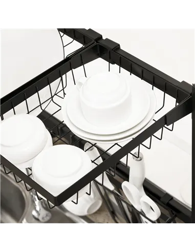 HOMCOM Space Saving 2 Tier Adjustable Dish Drainer Over The Sink Dish Drying Rack, Black