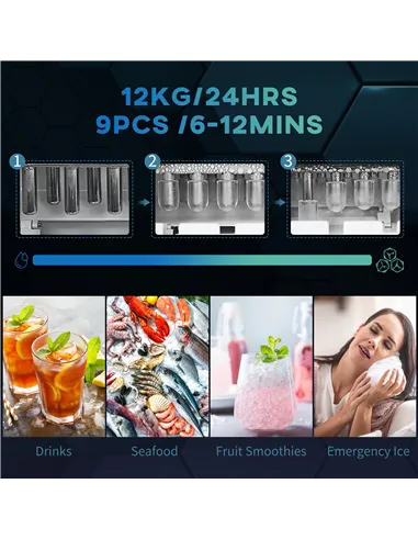 HOMCOM Ice Maker Machine Counter Top, 12Kg in 24 Hrs, 9 Cubes Ready in 6-12Mins, Portable Ice Cube Maker with Ice Scoop and Bask