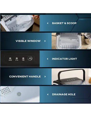 HOMCOM Ice Maker Machine Counter Top, 12Kg in 24 Hrs, 9 Cubes Ready in 6-12Mins, Portable Ice Cube Maker with Ice Scoop and Bask