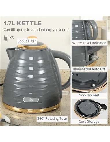 HOMCOM Kettle and Toaster Sets, 3000W 1.7L Rapid Boil Kettle & 4 Slice Toaster with 7 Browning Controls, Defrost, Reheat and Cru