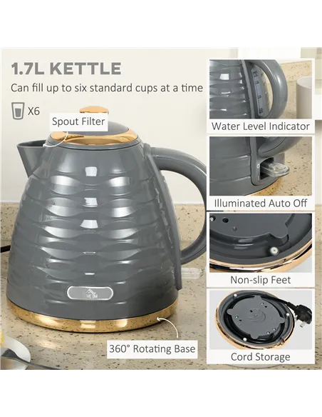 HOMCOM Kettle and Toaster Sets, 3000W 1.7L Rapid Boil Kettle & 4 Slice Toaster with 7 Browning Controls, Defrost, Reheat and Cru