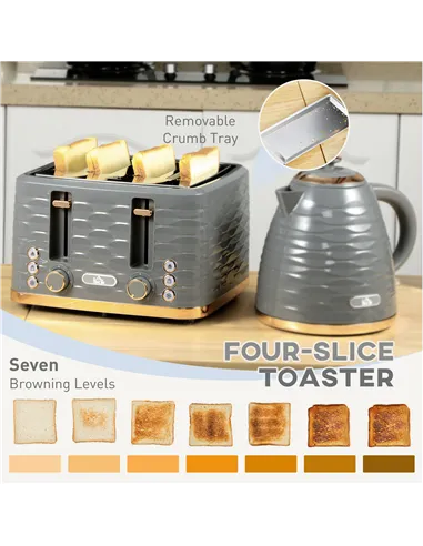 HOMCOM Kettle and Toaster Sets, 3000W 1.7L Rapid Boil Kettle & 4 Slice Toaster with 7 Browning Controls, Defrost, Reheat and Cru