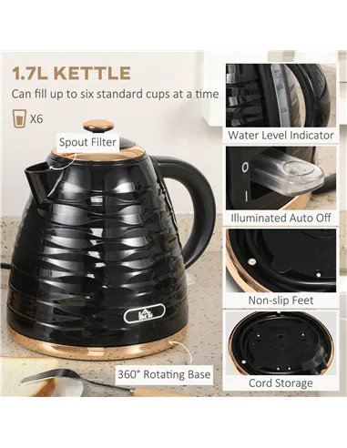 HOMCOM Kettle and Toaster Sets, 3000W 1.7L Rapid Boil Kettle & 4 Slice Toaster with 7 Browning Controls, Defrost, Reheat and Cru