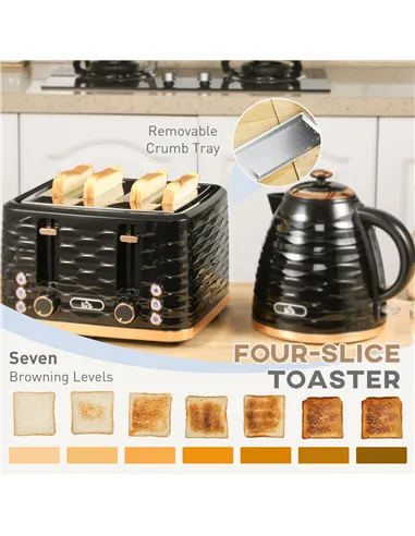 HOMCOM Kettle and Toaster Sets, 3000W 1.7L Rapid Boil Kettle & 4 Slice Toaster with 7 Browning Controls, Defrost, Reheat and Cru