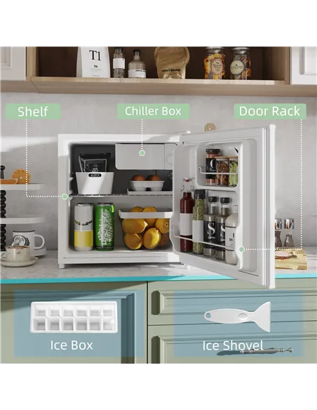 HOMCOM 46 Litre Table Top Mini Fridge, Small Fridge with Ice Box, Reversible Door, Adjustable Temperature and Legs for Bedrooms,