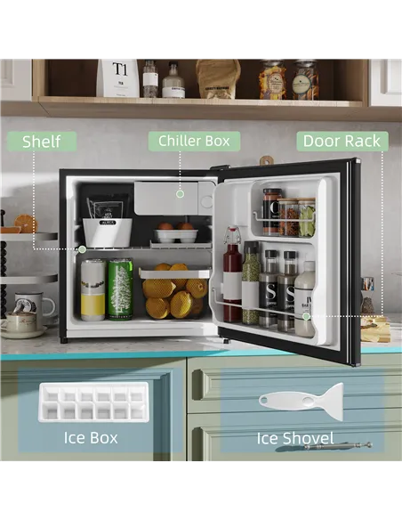 HOMCOM 46 Litre Table Top Mini Fridge, Small Fridge with Ice Box, Reversible Door, Adjustable Temperature and Legs for Bedrooms,