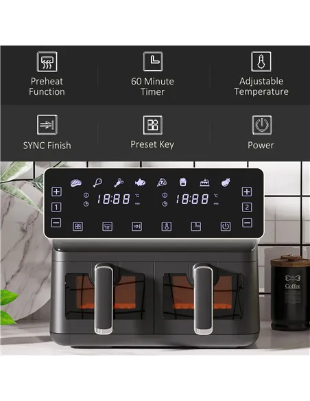 HOMCOM 8L Dual Basket Air Fryer, 8-in-1 Air Fryer Oven with Digital Display, Visible, Timer, Preheat for Oil Free Low Fat Cookin