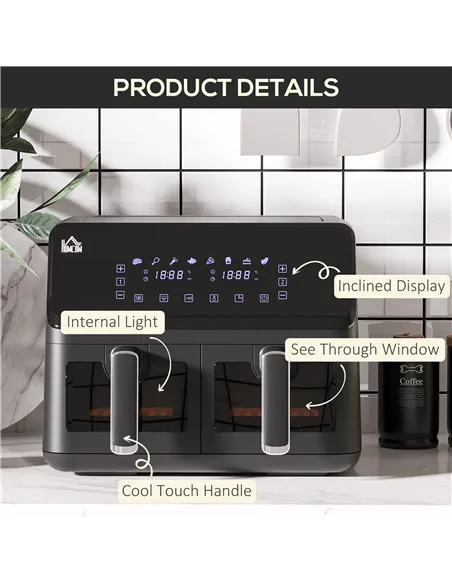 HOMCOM 8L Dual Basket Air Fryer, 8-in-1 Air Fryer Oven with Digital Display, Visible, Timer, Preheat for Oil Free Low Fat Cookin