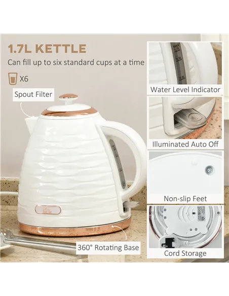 HOMCOM Kettle and Toaster Sets, 3000W 1.7L Rapid Boil Kettle & 4 Slice Toaster with 7 Browning Controls, Defrost, Reheat and Cru