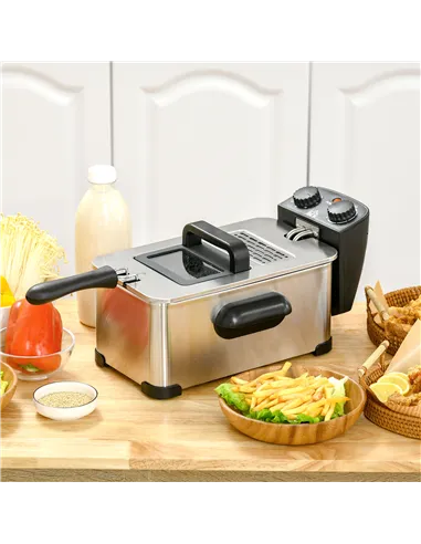HOMCOM 3 Litre Stainless Steel Deep Fat Fryer with Adjustable Temp, 60min Timer, Viewing Window and Safety Cut Out, 2000W