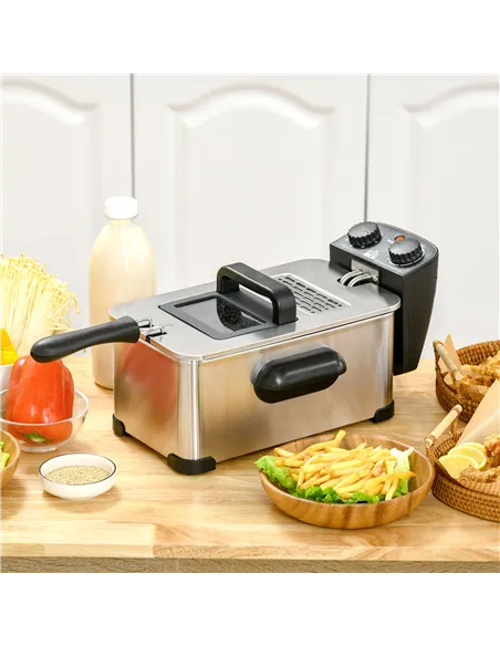 HOMCOM 3 Litre Stainless Steel Deep Fat Fryer with Adjustable Temp, 60min Timer, Viewing Window and Safety Cut Out, 2000W