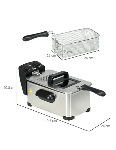 HOMCOM 3 Litre Stainless Steel Deep Fat Fryer with Adjustable Temp, 60min Timer, Viewing Window and Safety Cut Out, 2000W