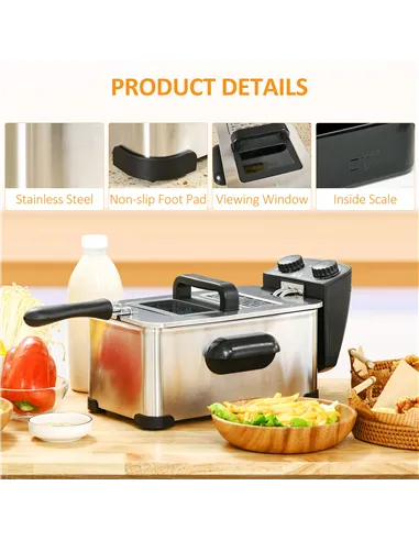 HOMCOM 3 Litre Stainless Steel Deep Fat Fryer with Adjustable Temp, 60min Timer, Viewing Window and Safety Cut Out, 2000W
