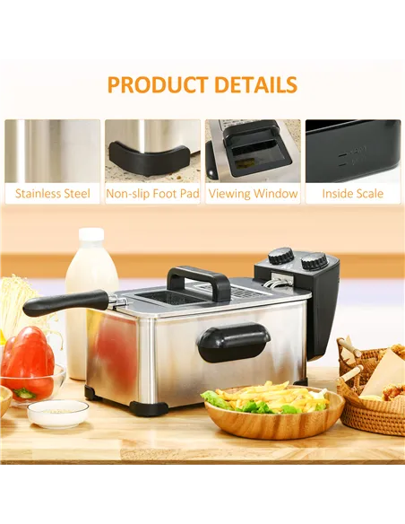 HOMCOM 3 Litre Stainless Steel Deep Fat Fryer with Adjustable Temp, 60min Timer, Viewing Window and Safety Cut Out, 2000W