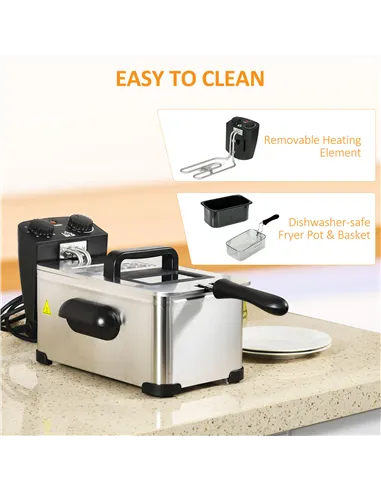 HOMCOM 3 Litre Stainless Steel Deep Fat Fryer with Adjustable Temp, 60min Timer, Viewing Window and Safety Cut Out, 2000W