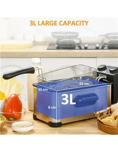HOMCOM 3 Litre Stainless Steel Deep Fat Fryer with Adjustable Temp, 60min Timer, Viewing Window and Safety Cut Out, 2000W