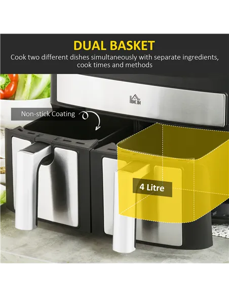 HOMCOM Dual Zone Air Fryer, 10-in-1 8L with Sync Cook & Sync Finish, 60-Minute Timer for Oil Free & Low Fat Cooking, 2400W