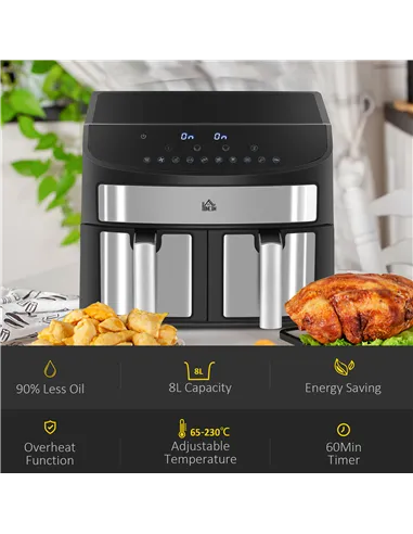 HOMCOM Dual Zone Air Fryer, 10-in-1 8L with Sync Cook & Sync Finish, 60-Minute Timer for Oil Free & Low Fat Cooking, 2400W