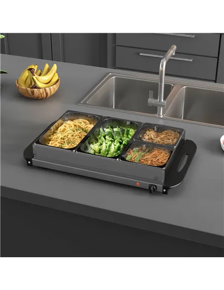 HOMCOM 4 Tray Electric Food Warmer Buffet Server with Warming Plate, Cool Touch Handles, Adjustable Temperature, 300W, 2 x 2.4L 