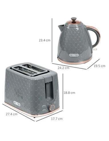 HOMCOM 1.7L 3000W Fast Boil Kettle & 2 Slice Toaster Set, Kettle and Toaster Set with Auto Shut Off, Browning Controls, Grey