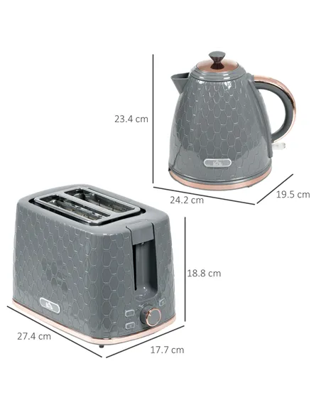 HOMCOM 1.7L 3000W Fast Boil Kettle & 2 Slice Toaster Set, Kettle and Toaster Set with Auto Shut Off, Browning Controls, Grey