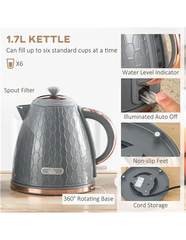 HOMCOM 1.7L 3000W Fast Boil Kettle & 2 Slice Toaster Set, Kettle and Toaster Set with Auto Shut Off, Browning Controls, Grey