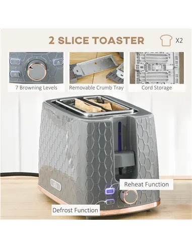 HOMCOM 1.7L 3000W Fast Boil Kettle & 2 Slice Toaster Set, Kettle and Toaster Set with Auto Shut Off, Browning Controls, Grey