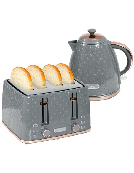 HOMCOM 1.7L 3000W Fast Boil Kettle & 4 Slice Toaster Set, Kettle and Toaster Set with 7 Browning Controls, Crumb Tray, Grey