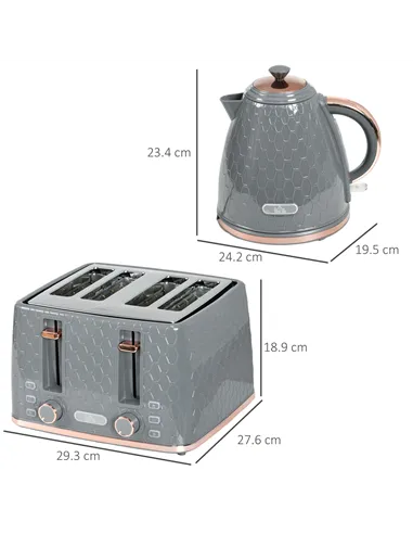 HOMCOM 1.7L 3000W Fast Boil Kettle & 4 Slice Toaster Set, Kettle and Toaster Set with 7 Browning Controls, Crumb Tray, Grey