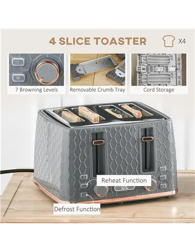 HOMCOM 1.7L 3000W Fast Boil Kettle & 4 Slice Toaster Set, Kettle and Toaster Set with 7 Browning Controls, Crumb Tray, Grey