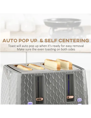 HOMCOM 1.7L 3000W Fast Boil Kettle & 4 Slice Toaster Set, Kettle and Toaster Set with 7 Browning Controls, Crumb Tray, Grey