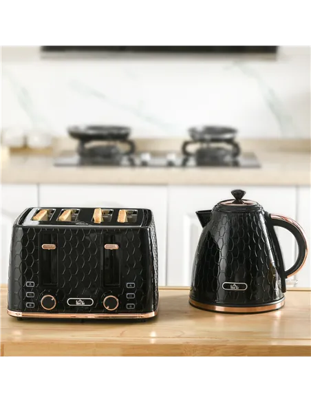 HOMCOM 1.7L 3000W Fast Boil Kettle & 4 Slice Toaster Set, Kettle and Toaster Set with 7 Browning Controls, Crumb Tray, Black