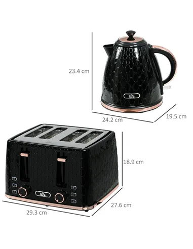 HOMCOM 1.7L 3000W Fast Boil Kettle & 4 Slice Toaster Set, Kettle and Toaster Set with 7 Browning Controls, Crumb Tray, Black