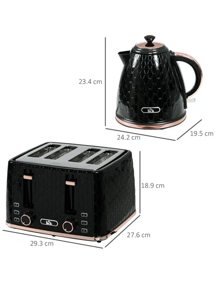 HOMCOM 1.7L 3000W Fast Boil Kettle & 4 Slice Toaster Set, Kettle and Toaster Set with 7 Browning Controls, Crumb Tray, Black