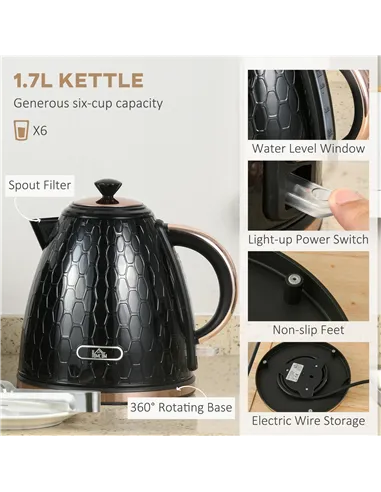 HOMCOM 1.7L 3000W Fast Boil Kettle & 4 Slice Toaster Set, Kettle and Toaster Set with 7 Browning Controls, Crumb Tray, Black