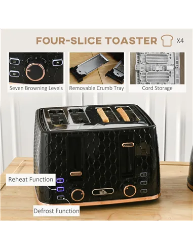 HOMCOM 1.7L 3000W Fast Boil Kettle & 4 Slice Toaster Set, Kettle and Toaster Set with 7 Browning Controls, Crumb Tray, Black