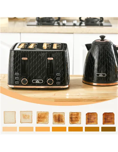 HOMCOM 1.7L 3000W Fast Boil Kettle & 4 Slice Toaster Set, Kettle and Toaster Set with 7 Browning Controls, Crumb Tray, Black