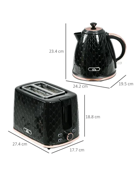 HOMCOM 1.7L 3000W Fast Boil Kettle & 2 Slice Toaster Set, Kettle and Toaster Set with Auto Shut Off, Browning Controls, Black