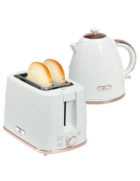 HOMCOM 1.7L 3000W Fast Boil Kettle & 2 Slice Toaster Set, Kettle and Toaster Set with Auto Shut Off, Browning Controls, White