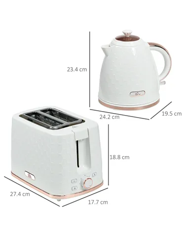 HOMCOM 1.7L 3000W Fast Boil Kettle & 2 Slice Toaster Set, Kettle and Toaster Set with Auto Shut Off, Browning Controls, White
