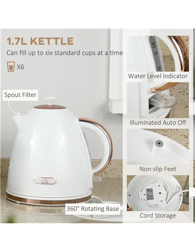 HOMCOM 1.7L 3000W Fast Boil Kettle & 2 Slice Toaster Set, Kettle and Toaster Set with Auto Shut Off, Browning Controls, White