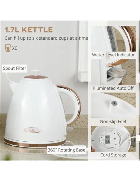 HOMCOM 1.7L 3000W Fast Boil Kettle & 2 Slice Toaster Set, Kettle and Toaster Set with Auto Shut Off, Browning Controls, White