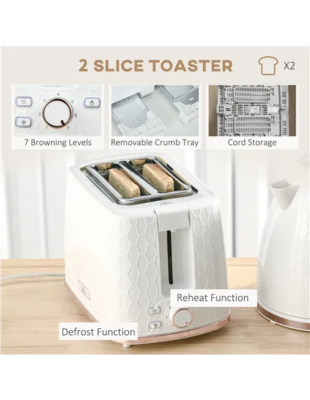 HOMCOM 1.7L 3000W Fast Boil Kettle & 2 Slice Toaster Set, Kettle and Toaster Set with Auto Shut Off, Browning Controls, White