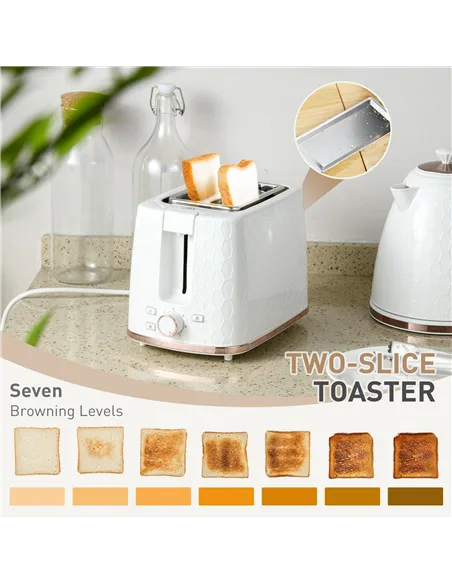 HOMCOM 1.7L 3000W Fast Boil Kettle & 2 Slice Toaster Set, Kettle and Toaster Set with Auto Shut Off, Browning Controls, White