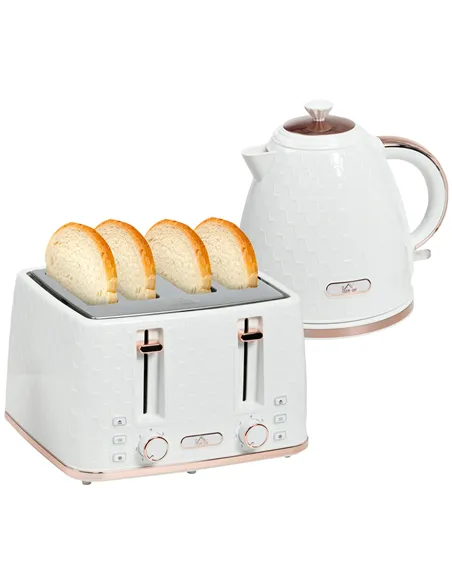 HOMCOM 1.7L 3000W Fast Boil Kettle & 4 Slice Toaster Set, Kettle and Toaster Set with 7 Browning Controls, Crumb Tray, White